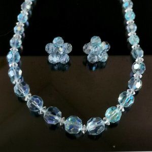 Vintage Coro AB Crystal Bead Necklace and Clip on Earrings
